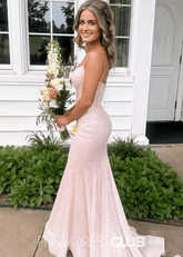 Karen | Mermaid V Neck Light Pink Sequin Long Prom Dress - Price #price_variant_lowest# - Light Pink - PromDressClub